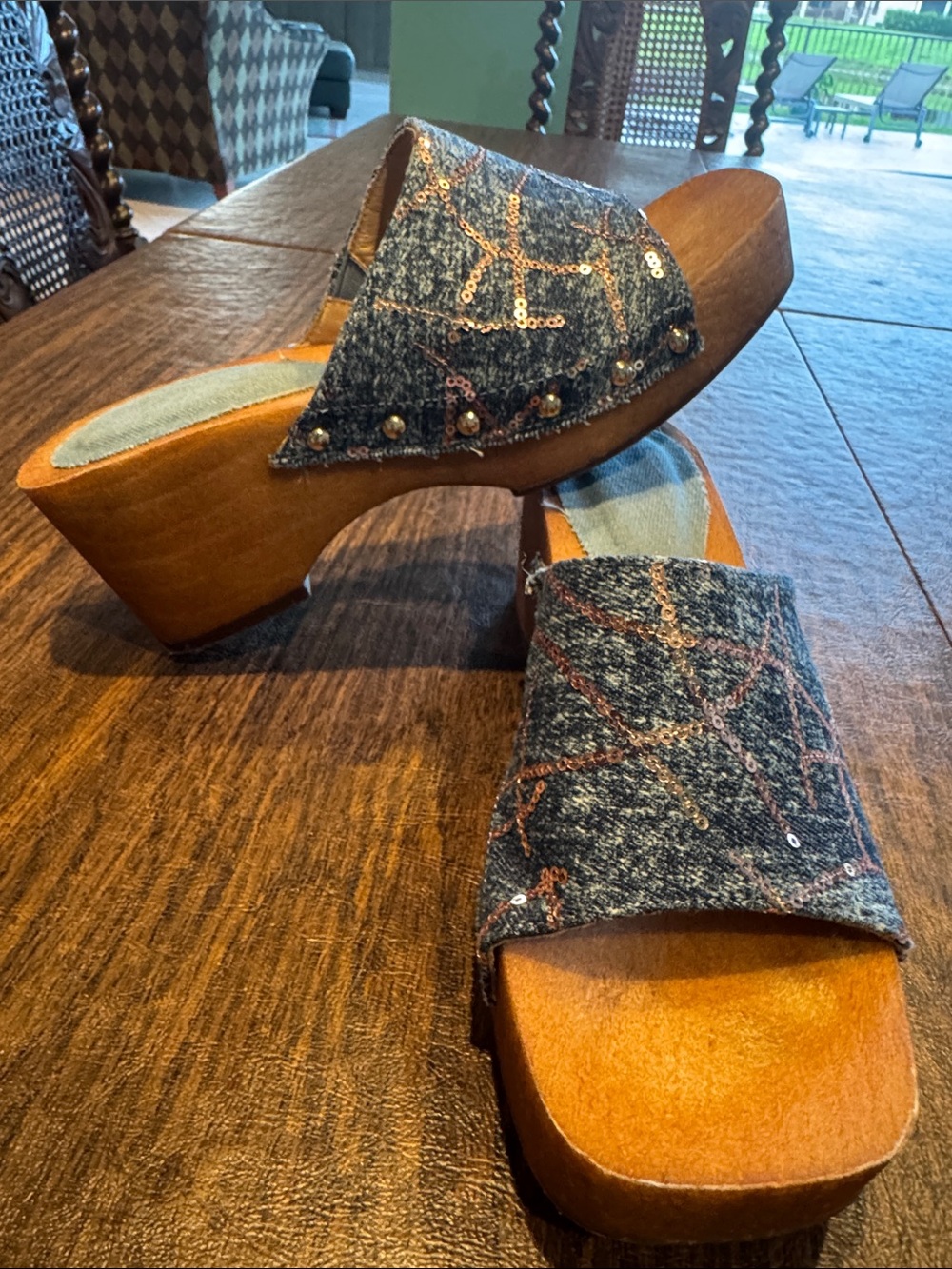 Denim Sequin Clog Sandals - Blue